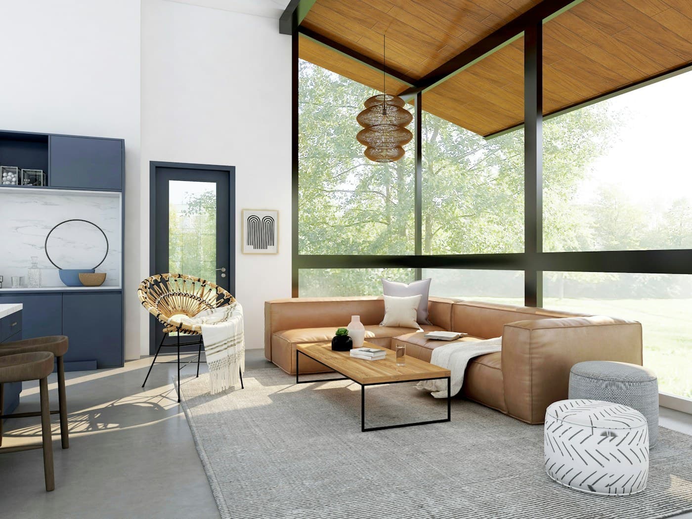 Light-filled living space with warm timber, soft textiles, and an open garden outlook