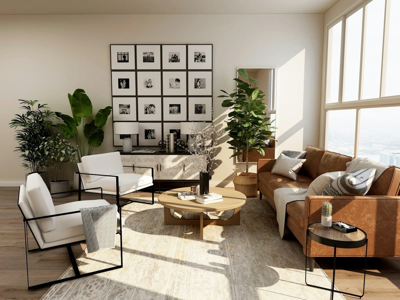 Warm minimalist interior with natural materials and generous daylight